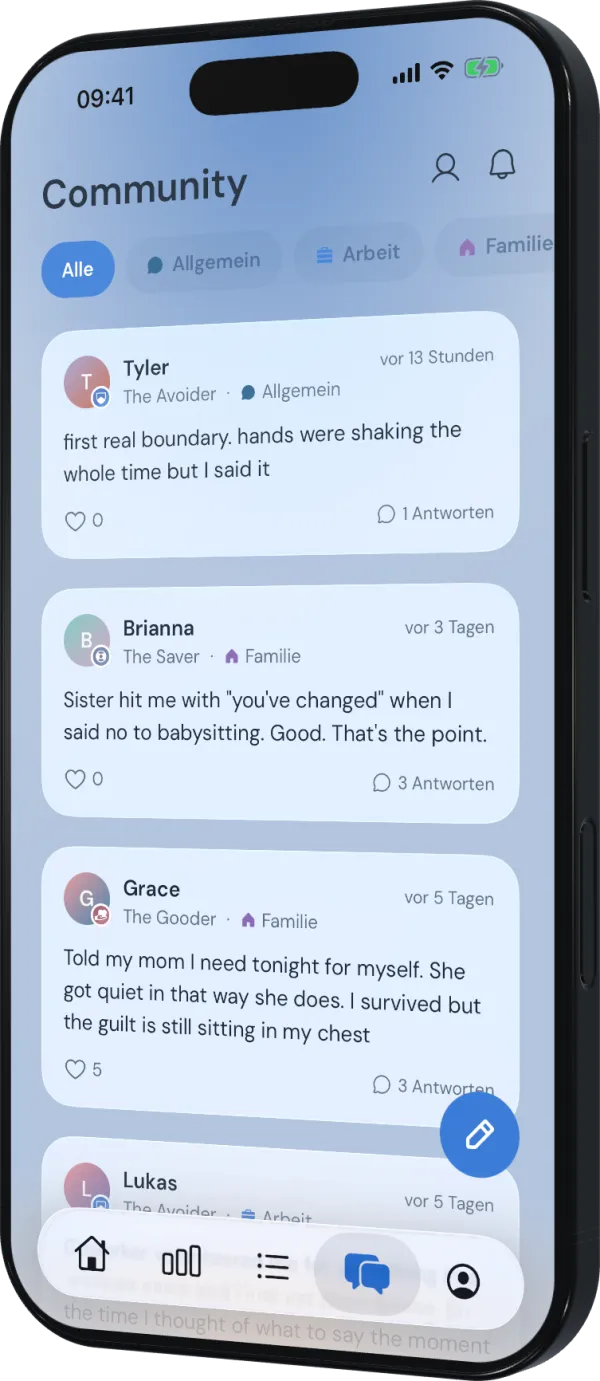 Community-Feed, in dem Menschen echte Momente des Grenzensetzens teilen