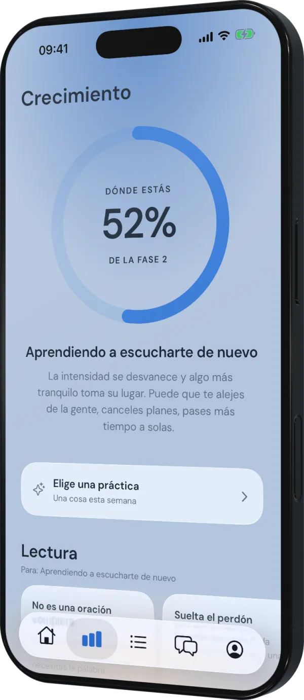 Pantalla de crecimiento con progreso de fase de recuperación al 52%, prácticas y lecturas recomendadas